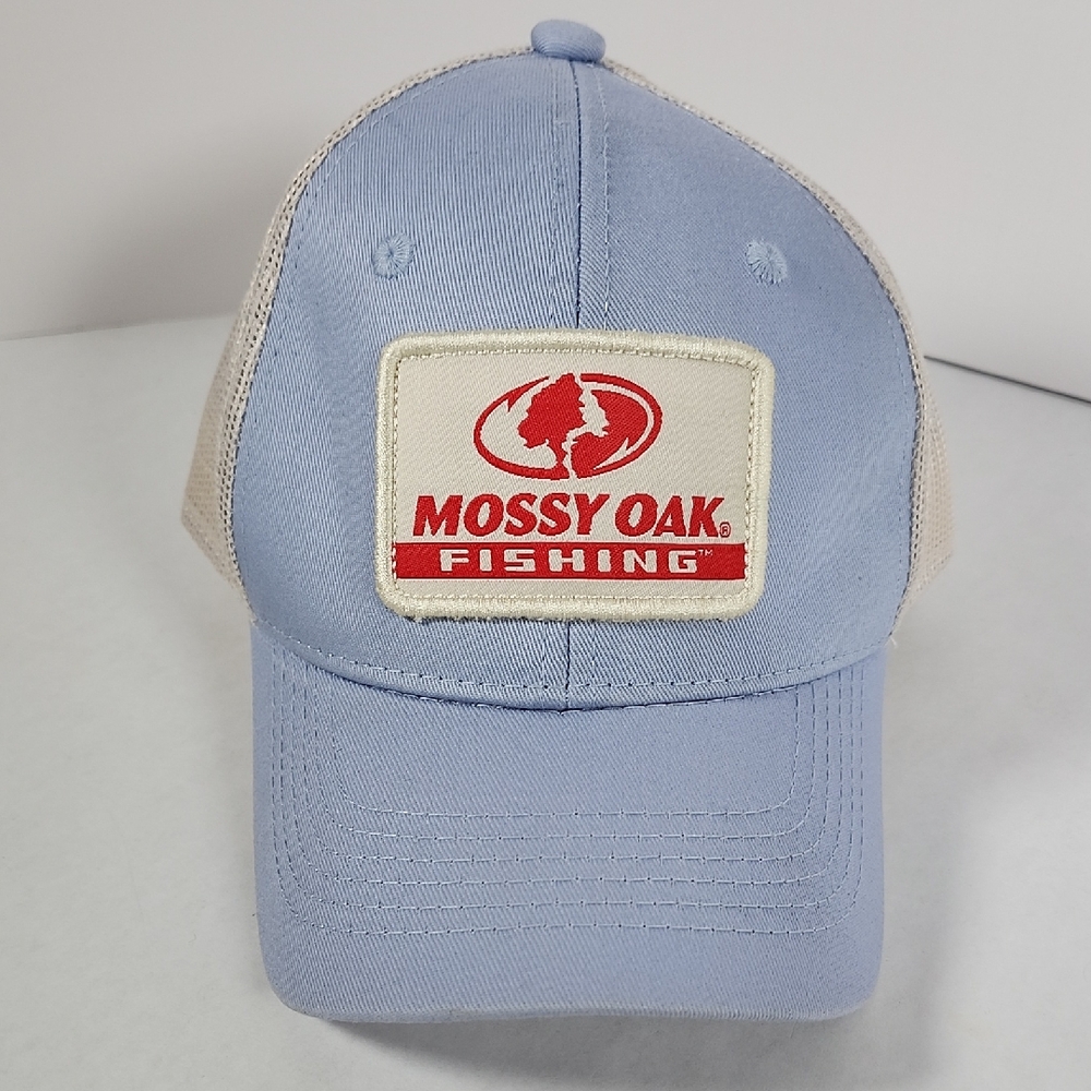 Mossy Oak Fishing Light Blue and Cream Meshback Baseball Hat Cap